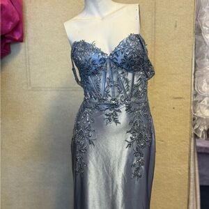 Embroidered Metallic Slate Evening Dress